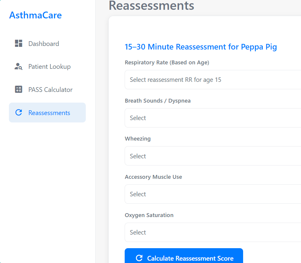 Reassessment input screen for Peppa Pig
